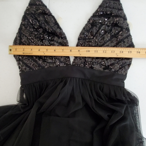 Rubber Ducky Sequin Halter Neck Maxi Dress Size M Front Slits Black Gown Mesh - Picture 10 of 14